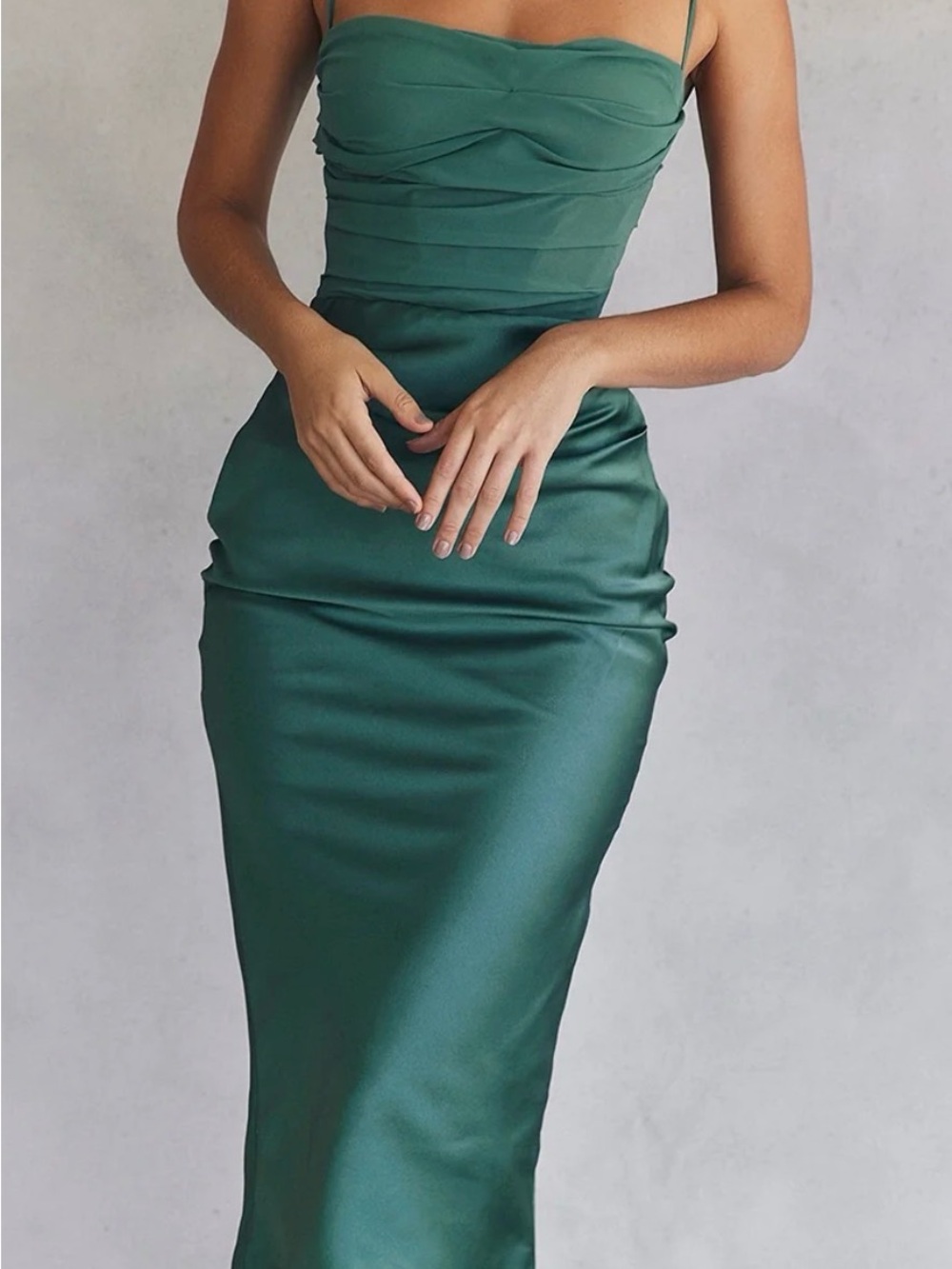 House of CB Deep Emerald Strapless Satin Midi Dress